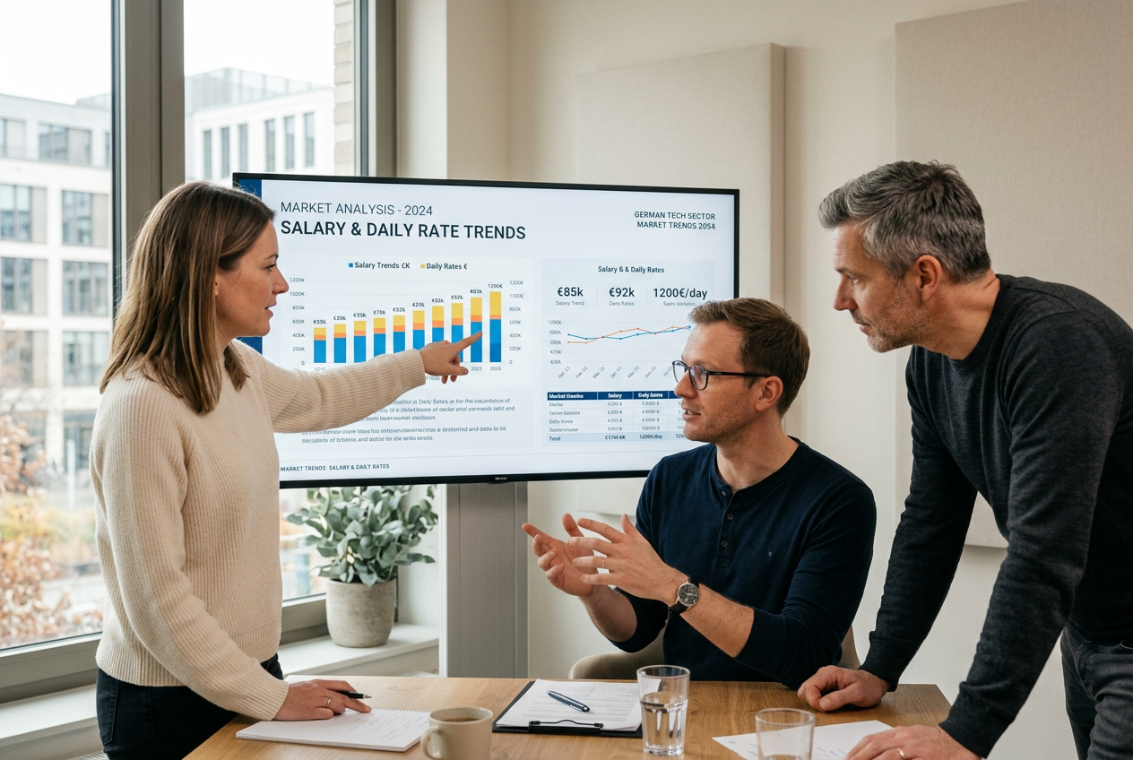 Das Spitzenbesetzung-Team analysiert den KI-Talentmarkt-Report DACH 2026 am Bildschirm mit Gehalts- und Tagessatz-Trends