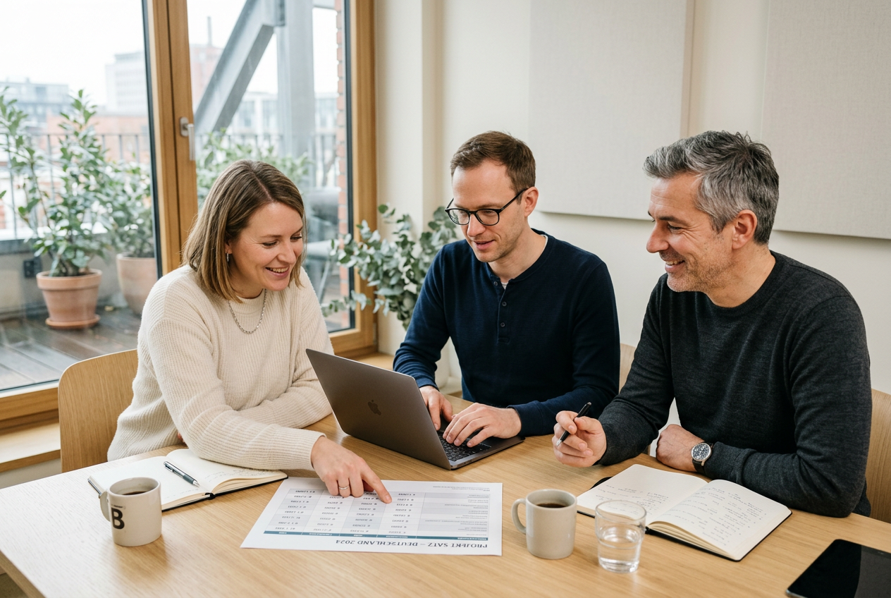Das Spitzenbesetzung-Team berät zum Tagessatz: Katharina, Markus und Stefan am Tisch mit Laptop, Notizen und Rate Card